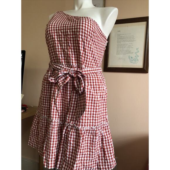 NWT Crown & Ivy One Shoulder Gingham Midi Dress Size 14 Red White Belted Lined - Picture 3 of 8